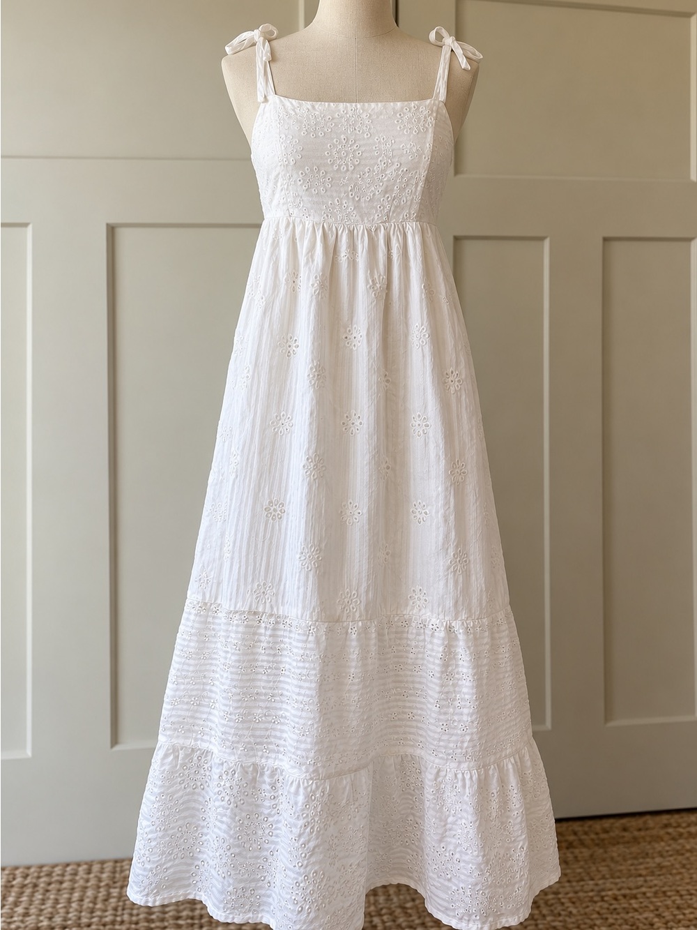 American Eagle Outfitters White Eyelet Tie-Shoulder Maxi Dress